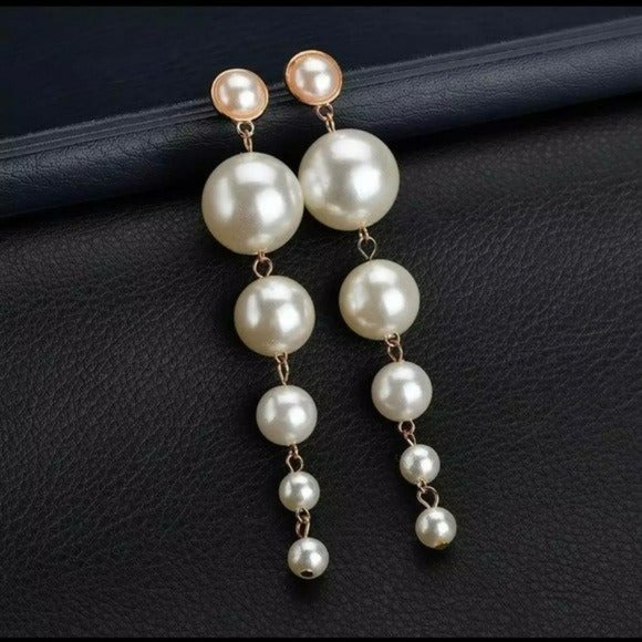 NEW Bohemian Big Faux Pearls String Dangle Long Stud Earrings 3.5” Lenght - Picture 2 of 10